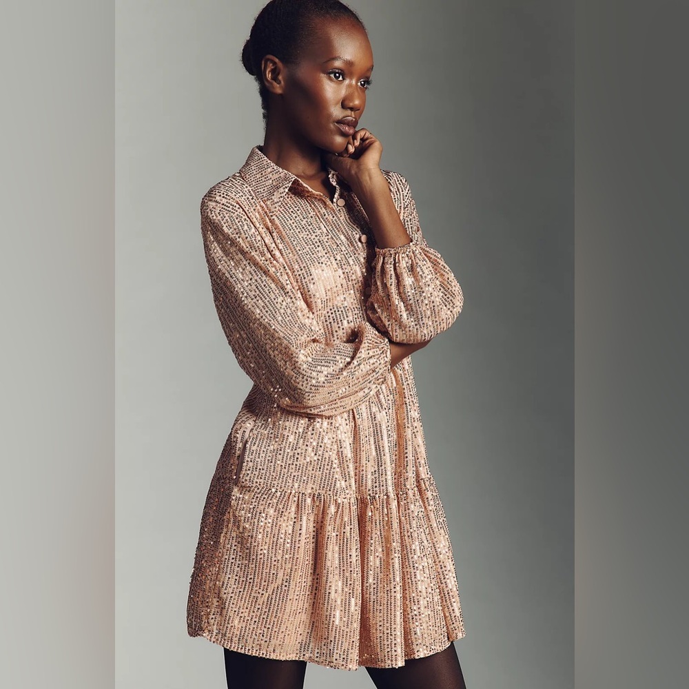 NWT! Anthropologie Maeve Bettina Sequined Tiered Mini Shirt Dress 🎆 - Picture 3 of 9